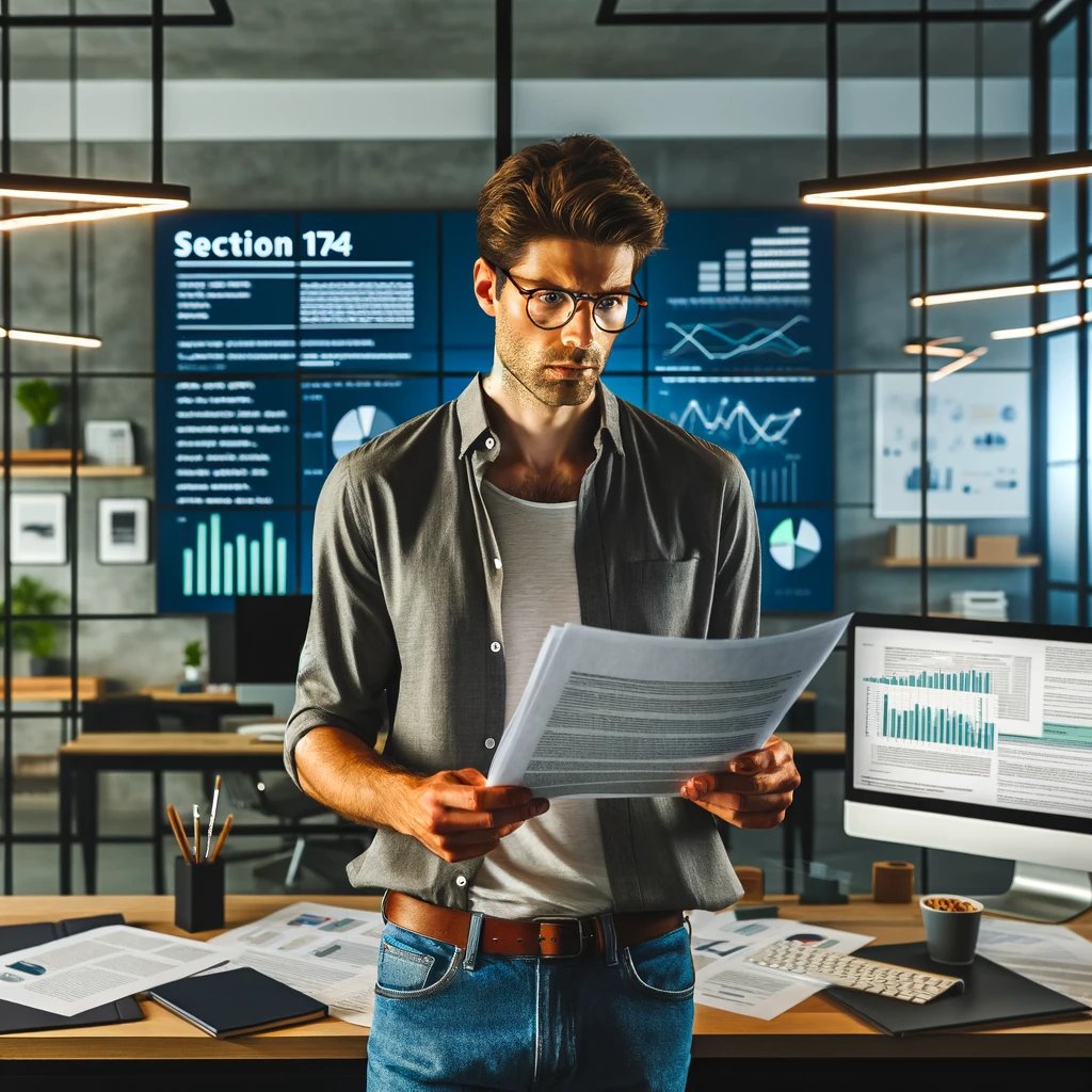 DALL·E 2024-03-05 15.46.31 - An American founder stands in a modern office, looking concerned as he reads a document titled Section 174 Taxation Law Changes. The room is filled 